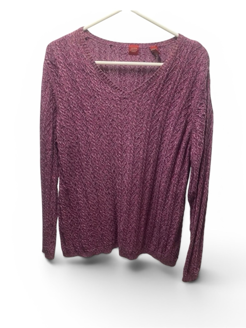 Valerie Stevens Woman Purple/Cranberry Cable Knit V-Neck Cotton Sweater‎ Size 1X